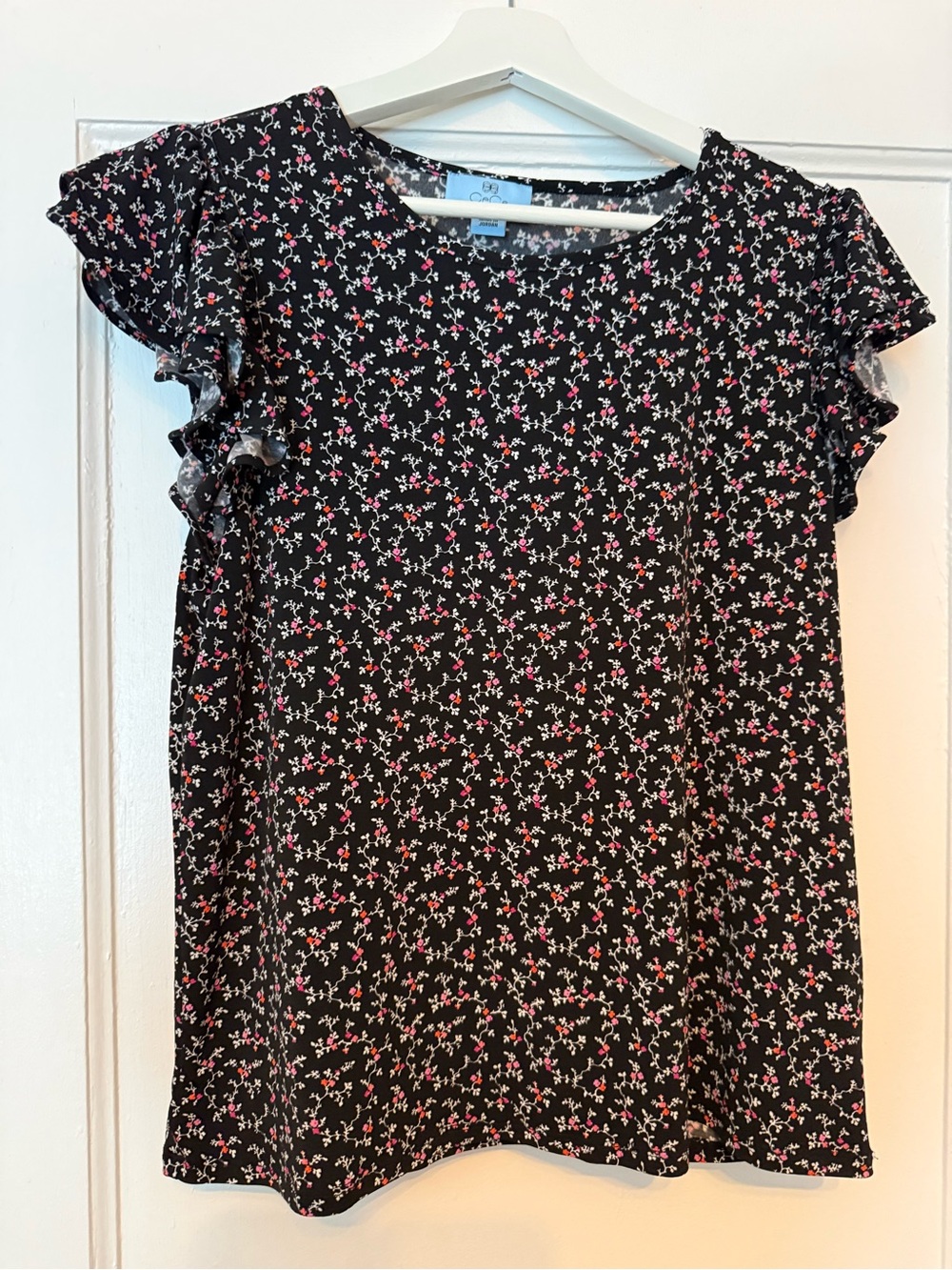 CeCe Black Floral Flutter Sleeve Blouse with Pink Accents